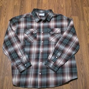 Old Navy Men's XL Plaid Western Pearl Snap Shirt Burgundy Teal Cotton Dobby E49